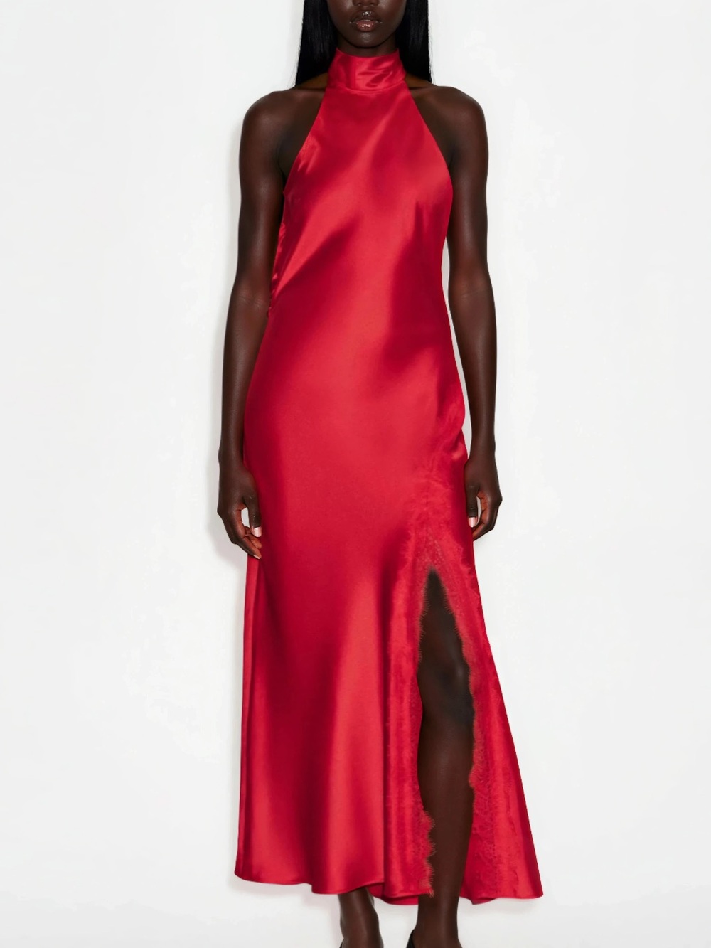 Zara Red Satin Halter Maxi Dress with Thigh Slit